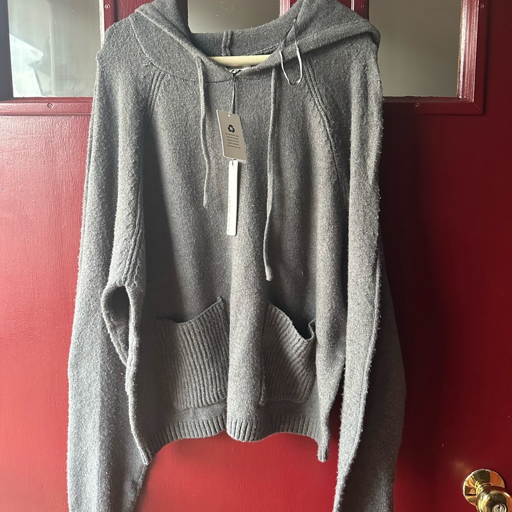 Hippie Rose Gray Hooded Pullover Sweater with Front Pockets